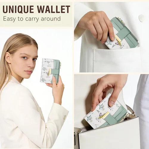Vista 6 de Avando Carteras para mujer - Bloqueo RFID, de piel sintética suave, plegable, con cremallera, bolsillo con cremallera, cartera pequeña con flores