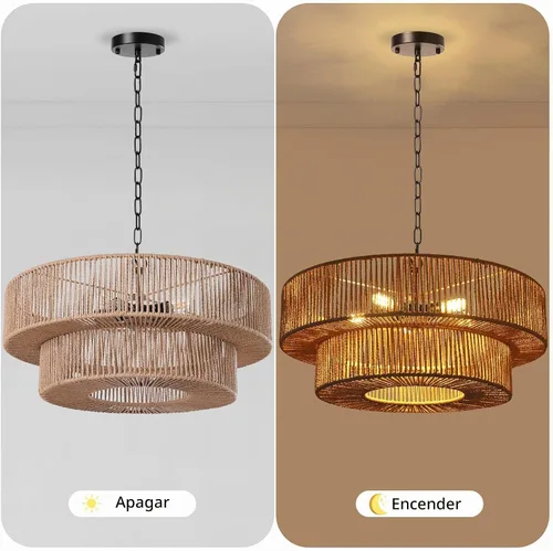 Vista 7 de LamQee Candelabros de Ratán Estilo Granja de 22 Pulgadas, Lámpara de Araña Boho de 5 Luces con Pantalla de Mimbre Tejida a Mano, Luces Colgantes