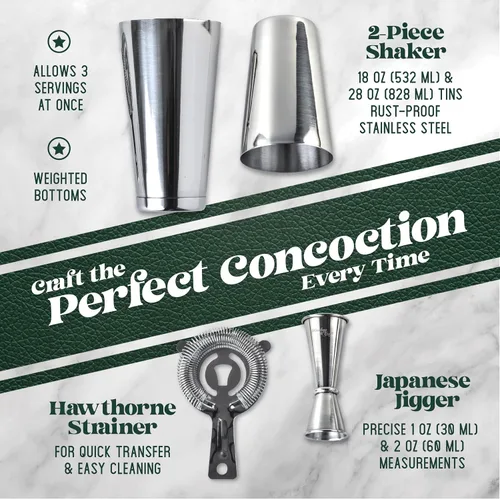 Vista 4 de Mixology & Craft Boston - Juego de coctelera con martini pesado, juego de coctelera incluye colador y jigger japonés, gran juego de barra de regalo