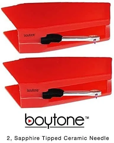 Vista 3 de Boytone Paquete de 2 agujas de repuesto de cerámica con punta de zafiro para tocadiscos, color rojo