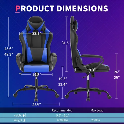 Vista 3 de FDW Gaming Chair PU Leather Computer Chair Executive Headrest Lumbar Support Ergonomic Racing Desk Chair with Armrests 360° Swivel & Caster Five Blue