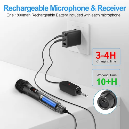 Vista 2 de Aveek Micrófono inalámbrico para karaoke, micrófono de mano profesional para cantar con receptor recargable, micrófono de karaoke inalámbrico
