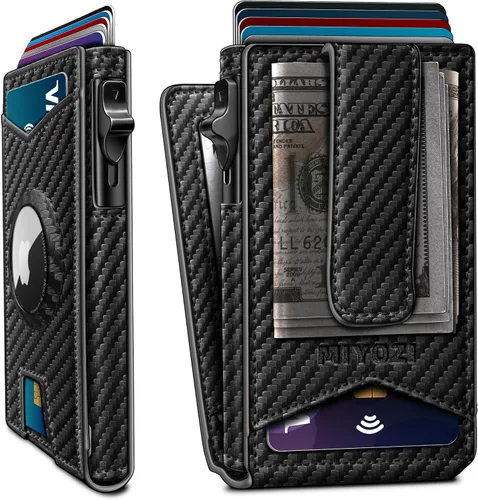 Vista 17 de miyozi Airtag - Cartera para hombre con clip para dinero, 9 tarjetas, con ventana de identificación, bloqueo RFID, funda de metal, cierre magnético