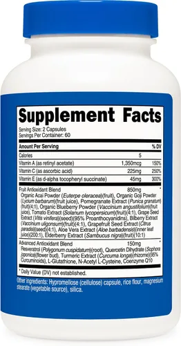 Vista 4 de Nutricost Super Antioxidantes (1000 mg) 120 cápsulas – Suplemento antioxidante para hombres y mujeres con Acai, Goji, arándanos y más, 60 porciones