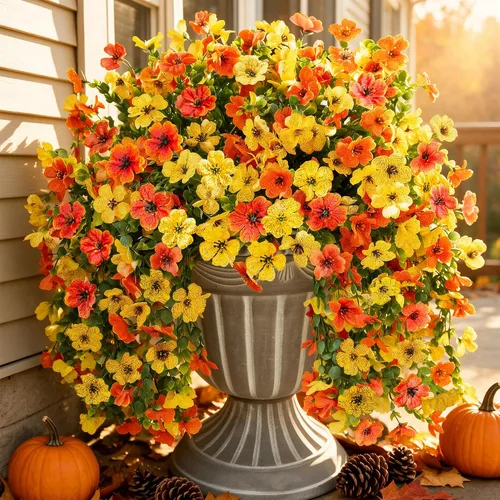 Vista 16 de Flores artificiales colgantes de imitación para decoración exterior de otoño, 2 piezas de violetas de seda falsas con eucalipto, resistentes a