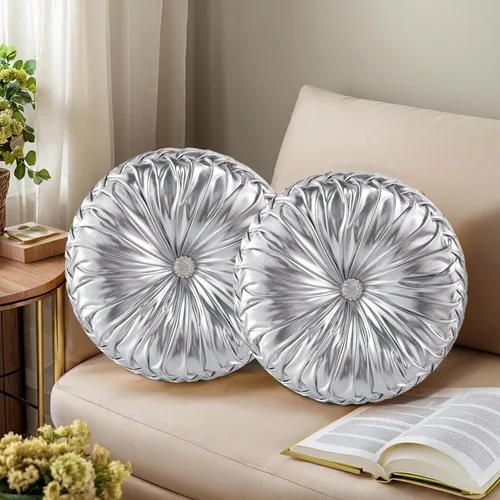 Vista 29 de HIG - Juego de 2 almohadas decorativas plisadas redondas de terciopelo verde manzana