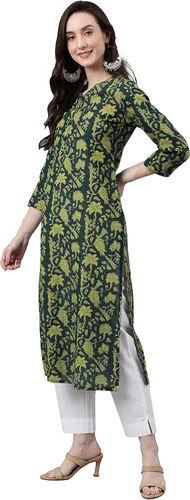 Vista 6 de Janasya Kurta recta de algodón verde oscuro para mujer india