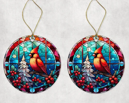 Vista 3 de Adorno de pájaro de Navidad de vitral, adorno de cerámica, adorno de pájaro de vitral, adorno religioso para cristianos impreso en un lado