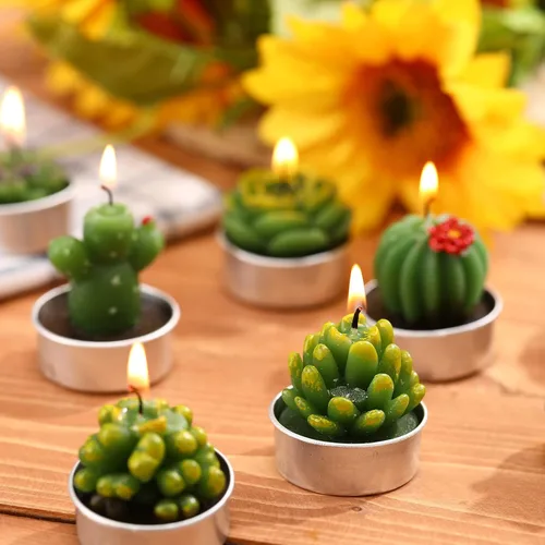Vista 6 de 12 Piezas Velas de Suculentas Novedosas Hechas a Mano Velas de Té de Cactus Delicadas y Elegantes Velas de Plantas Mini Velas de Cactus