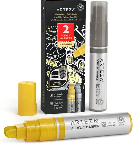 Vista 5 de ARTEZA Bolígrafos de pintura acrílica, paquete de 2, negro, punta multilínea 3 en 1, línea de 5 a 0.591 in, marcadores de pintura resistentes a