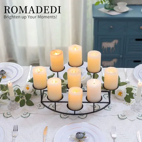 Vista 2 de Romadedi Portavelas para chimenea, 9 candelabros, para velas de pilar, soporte de vela negro, mesa de hierro, centro de mesa, manto, decoración