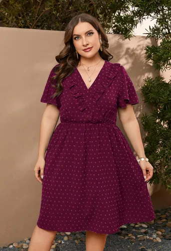 Vista 3 de ShopWonder Vestido de lunares suizos para mujer, talla grande, con botones, cuello en V, manga corta, lindo vestido bohemio fruncido con bolsillos