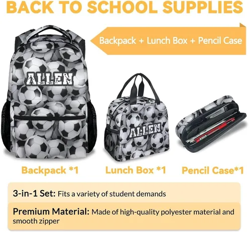 Vista 3 de Mercuryelf Mochila de fútbol personalizada para niños y niñas con juego de lonchera, mochilas de viaje escolar 3 en 1, combo a juego, bolsa ligera