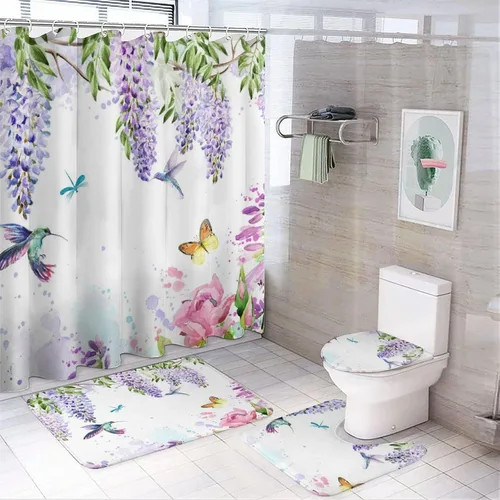 Vista 9 de Hermosos juegos de cortinas de ducha de 4 piezas de hojas de eucalipto, colibrí, rústico, acuarela, morado, eucalipto, floral, colibrí