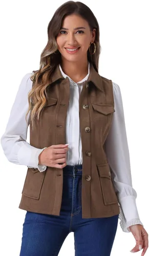 Vista 17 de Allegra K Chaleco de Gamuza Sintética Utilitario para Mujer con Botones sin Mangas con Bolsillo Cargo Verde militar