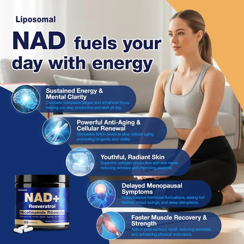 Vista 3 de Suplemento NAD - NAD nicotinamida ribósido resveratrol 900 mg, suplementos NAD para mujeres y hombres, NAD+ liposomal para antienvejecimiento