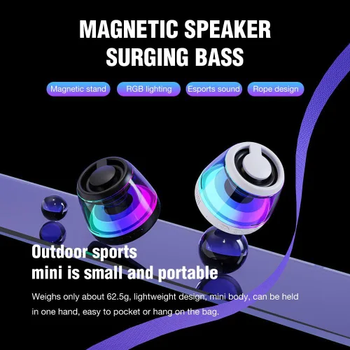 Vista 7 de Altavoz Bluetooth magnético, altavoz Bluetooth de inducción inalámbrico, mini soporte portátil para teléfono celular para iPhone, cordón y luz