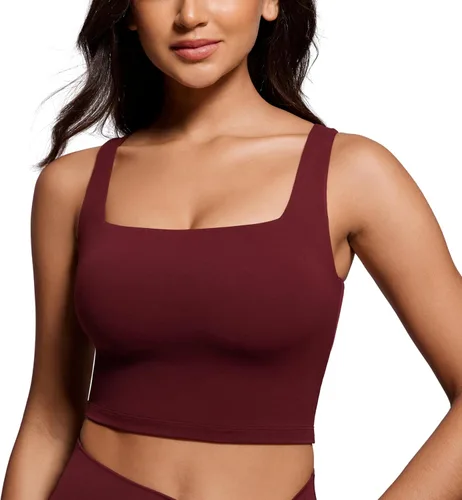 Vista 6 de CRZ YOGA Butterluxe Square Neck Crop Tank Top Brasier integrado, soporte ligero, almohadillas extraíbles, yoga, extremadamente suave, tirantes