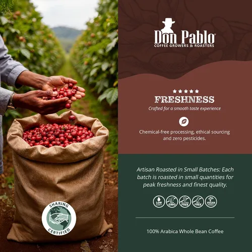 Vista 6 de Café gourmet Don Pablo de 2 libras, Brasil Cerrado, tostado medio oscuro, café en grano entero, 100% granos arábica, baja acidez y sin OMG, bolsa
