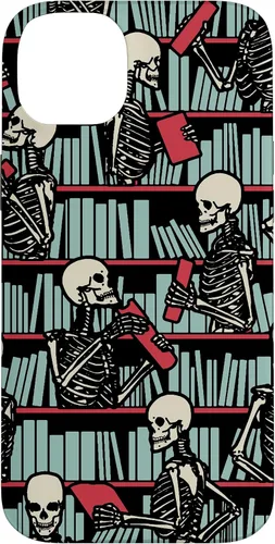 Vista 15 de iPhone 16 Bookish Public Library Skeleton Goth Librarian Books Pattern Case