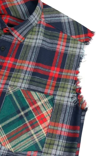 Vista 4 de Camisa sin mangas a cuadros para hombre, camisas vaqueras con botones