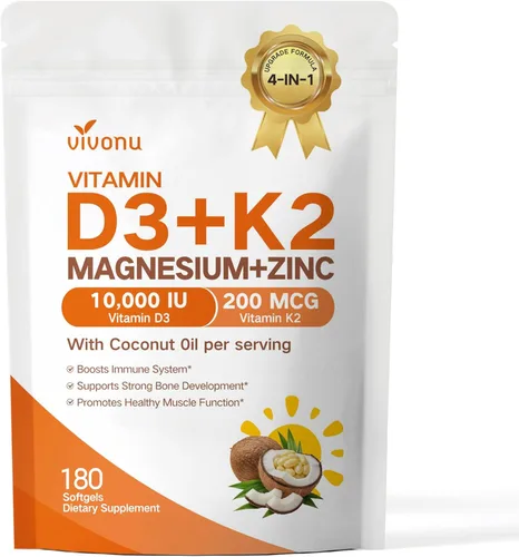 Vista 10 de VivoNu Vitamina D3 K2 10000 UI con MK7-300 Cápsulas blandas de aceite de coco virgen, 2 en 1 vitaminas D y K complejo Vitamina D3 con K2