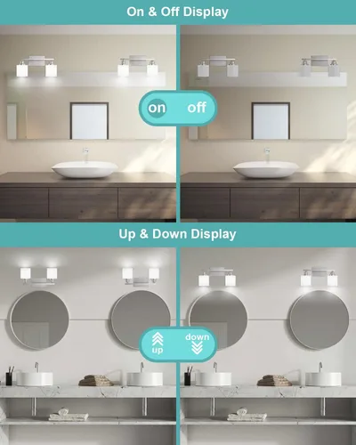 Vista 4 de Accesorios de iluminación de baño Sailstar de 2 luces, accesorios de iluminación de tocador de níquel cepillado, lámpara de tocador moderna