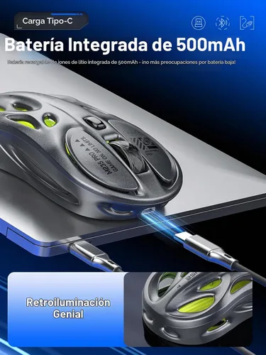 Vista 4 de FMOUSE Ratón inalámbrico para juegos, trimodo (2.4 G/Bluetooth/cableado), 4800 DPI, 1000 Hz ergonómico hueco RGB recargable tipo C para Gris