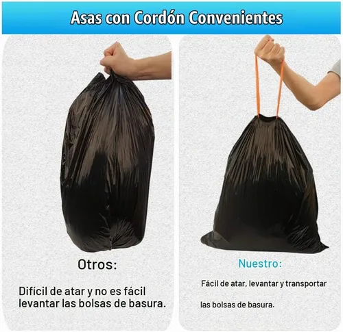 Vista 5 de Bolsa de basura con cordón de 10 galones, forro para basura, 0.9 mil, 90 unidades (negro, 10 galones)