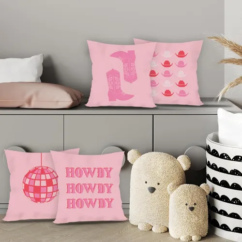 Vista 2 de Juego de 4 fundas de almohada decorativas con diseño de bola de discoteca y vaquera occidental, color rosa intenso, para decoración del hogar