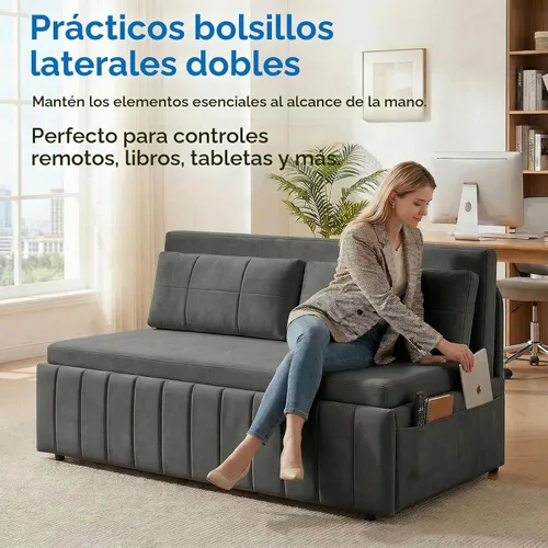 Vista 4 de Mjkone Sofá cama extraíble tamaño Queen, sofá cama 3 en 1, sofá cama convertible de piel sintética de 64 pulgadas, sofá cama extraíble con bolsillos