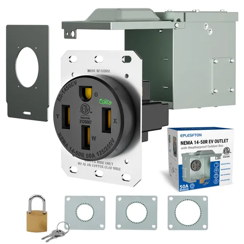Vista 10 de Toma de corriente NEMA 14-50R de 50 amperios con placa de pared de acero inoxidable: 2.42 pulgadas de diámetro, abrazadera de latón en forma de U