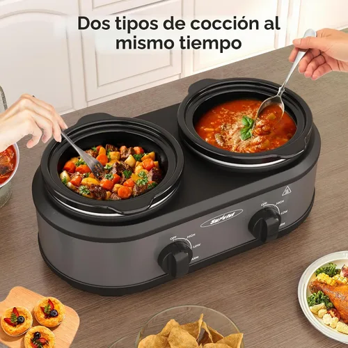 Vista 2 de [Usado] Sunvivi Olla de cocción lenta doble, servidores de buffet y calentador con 2 ollas de cerámica extraíbles, calentador de alimentos de Gris