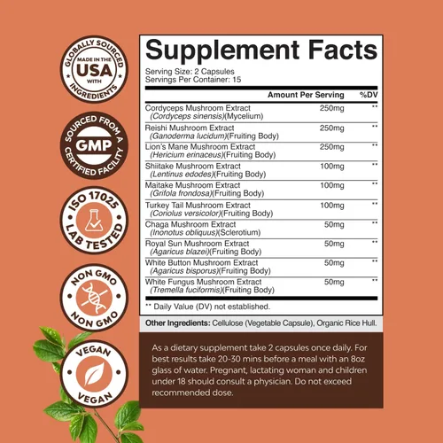 Vista 2 de Advanced Mushroom Complex Cápsulas – 10 cápsulas de suplemento de melena de león con Reishi, Chaga, Maitake y Shiitake para la salud cerebral apoyo