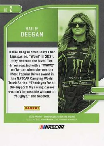 Vista 2 de 2022 Panini Chronicles Absolute Racing #2 Hailie Deegan Monster Energy/DGR-Crosley/Ford Official NASCAR Trading Card