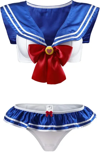 Vista 5 de Littleforbig Conjunto de lencería sexy con cuello marinero sin mangas, espalda descubierta, bikini para niñas