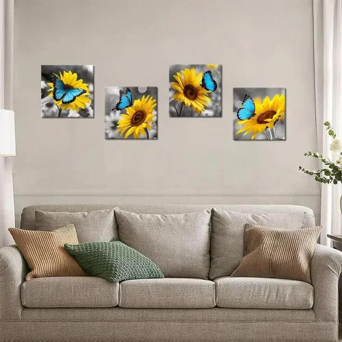 Vista 118 de Wall HDQ Arte de pared de flores para baño, dormitorio, sala de estar, decoración de pared azul y naranja, pintura floral, lienzo impreso, imagen