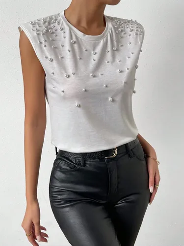 Vista 3 de SOLY HUX Camiseta sin mangas con cuentas de perlas para mujer, cuello redondo, camisetas de verano