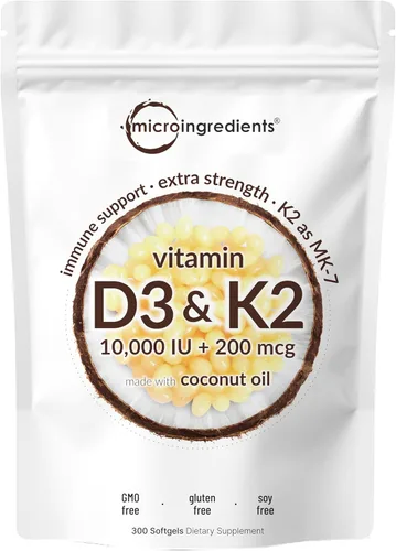 Vista 2 de Micro Ingredients Vitamina D3 10,000iu + K2 200mcg de aceite de coco cápsulas blandas y proteína de colágeno múltiple en polvo, paquete de 2