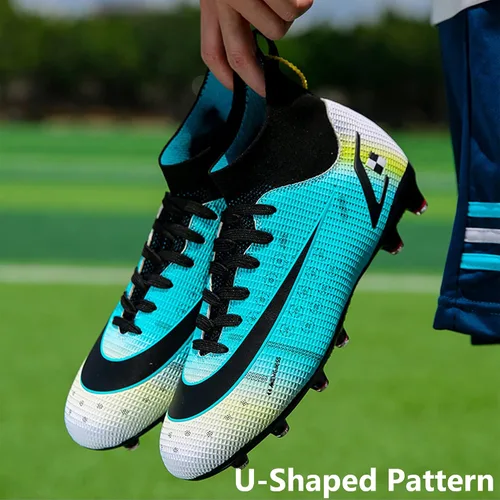 Vista 6 de HHY Botines de fútbol para hombre, zapatos de fútbol de caña alta, antideslizantes, para interiores y exteriores, césped firme, botas de combate