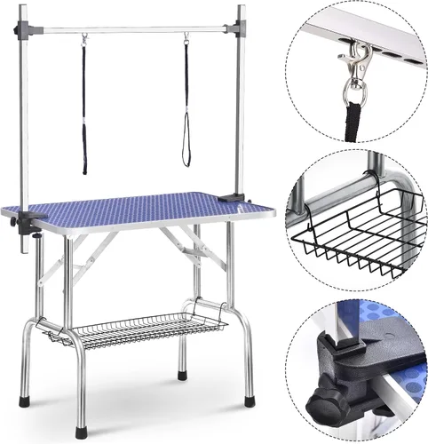 Vista 3 de Mesa profesional ajustable de aseo para mascotas de 36 pulgadas, resistente, con brazo y nariz y bandeja de malla para perros grandes, estación