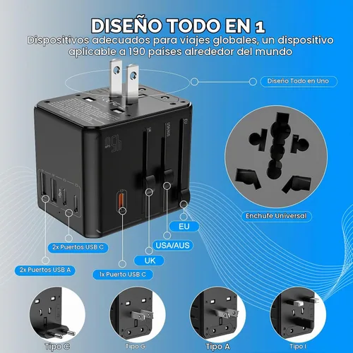 Vista 6 de Adaptador de viaje universal, convertidor de enchufe de alimentación internacional con cargador PD de 45 W, soporte de 2500 W, adaptador de CA todo