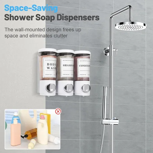 Vista 2 de Dispensador de champú y acondicionador de 15.2 fl oz x 3, dispensador de ducha de 3 cámaras sin taladro, dispensador de jabón de ducha montado