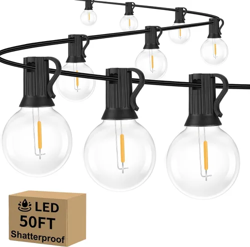Vista 13 de Bosceos Tira de luces LED G40 para exteriores, 25 pies, regulables, inastillables, impermeables, con 12+2 bombillas conectables, luz colgante Blanco