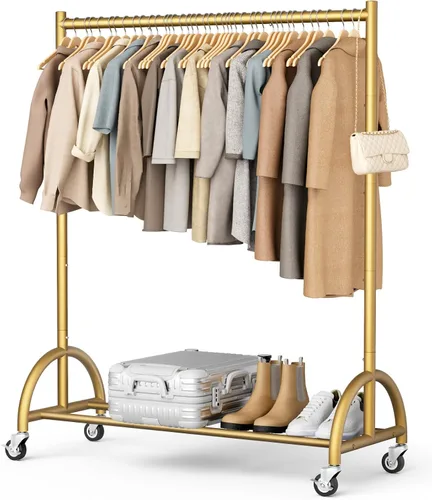 Vista 2 de MISSLO Perchero resistente con ruedas y estantes para colgar ropa con 3 estantes