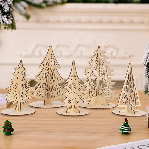 Vista 5 de Juego de manualidades de Navidad, árbol de Navidad 3D de madera, rebanadas de madera sin terminar para pintar, adornos de árboles de Navidad