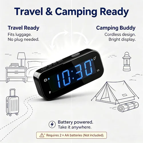 Vista 7 de Small Digital Alarm Clock with Temperature Display - Battery Operated,Adjustable Brightness,Snooze,12/24Hr,Cordless,Night Mode - Ideal Beside Clock