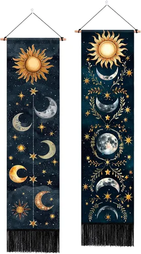 Vista 8 de ARTCREATOR Paquete de 2 tapices de sol y luna para colgar en la pared, tapiz estético vertical, arte misterioso, tapices largos para habitación