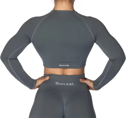 Vista 3 de Sunzel Camisetas cortas de entrenamiento de manga larga sin costuras para mujer, suaves y ajustadas, atléticas, para yoga, gimnasio, deportes