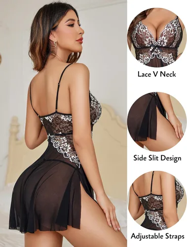 Vista 2 de Avidlove Lencería de encaje para mujer, babydoll sexy, camisa tipo chemise, camisón exótico para novia, camisón nupcial